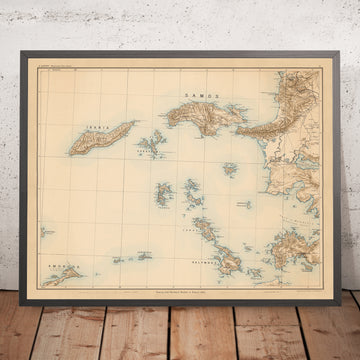Antigua mapa de Samos y las islas del Egeo por Kiepert, 1890: Icaria, Calimnos, Fournoi, Éfeso 