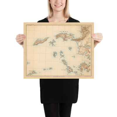 Mapa antiguo de Samos y las islas del Egeo por Kiepert, 1890: Ikaria, Kalymnos, Parque Nacional Buyuk Menderes, Ruta de exploración de Kiepert, primer meridiano de París
