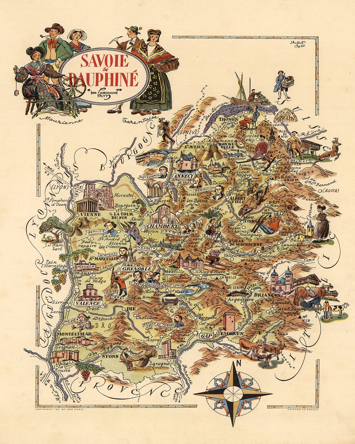 Mapa antiguo de Saboya y Dauphine, Francia, de Jacques Liozu, 1951: Alpes, Grenoble, Chambéry, Annecy