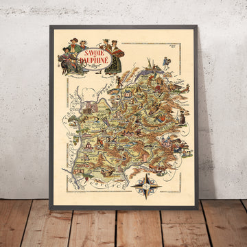 Mappa antica di Savoie e Dauphine, Francia di Jacques Liozu, 1951: Alpi, Grenoble, Chambéry, Annecy 