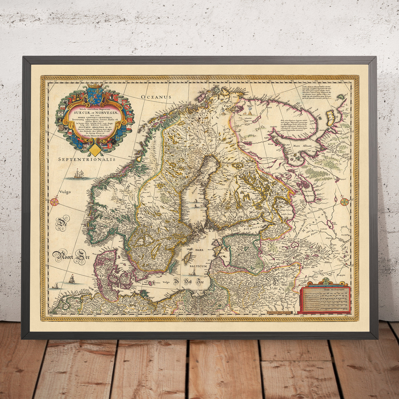 Mapa antiguo de Escandinavia y el norte de Europa de Visscher, 1690: Oslo, Estocolmo, Helsinki, Riga, Copenhague