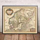 Old Map of Scandinavia and North Europe by Visscher, 1690: Oslo, Stockholm, Helsinki, Riga, Copenhagen