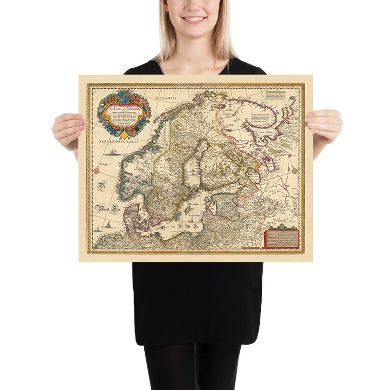 Ancienne carte de la Scandinavie et de l'Europe du Nord par Visscher, 1690 : Oslo, Stockholm, Helsinki, Riga, Copenhague