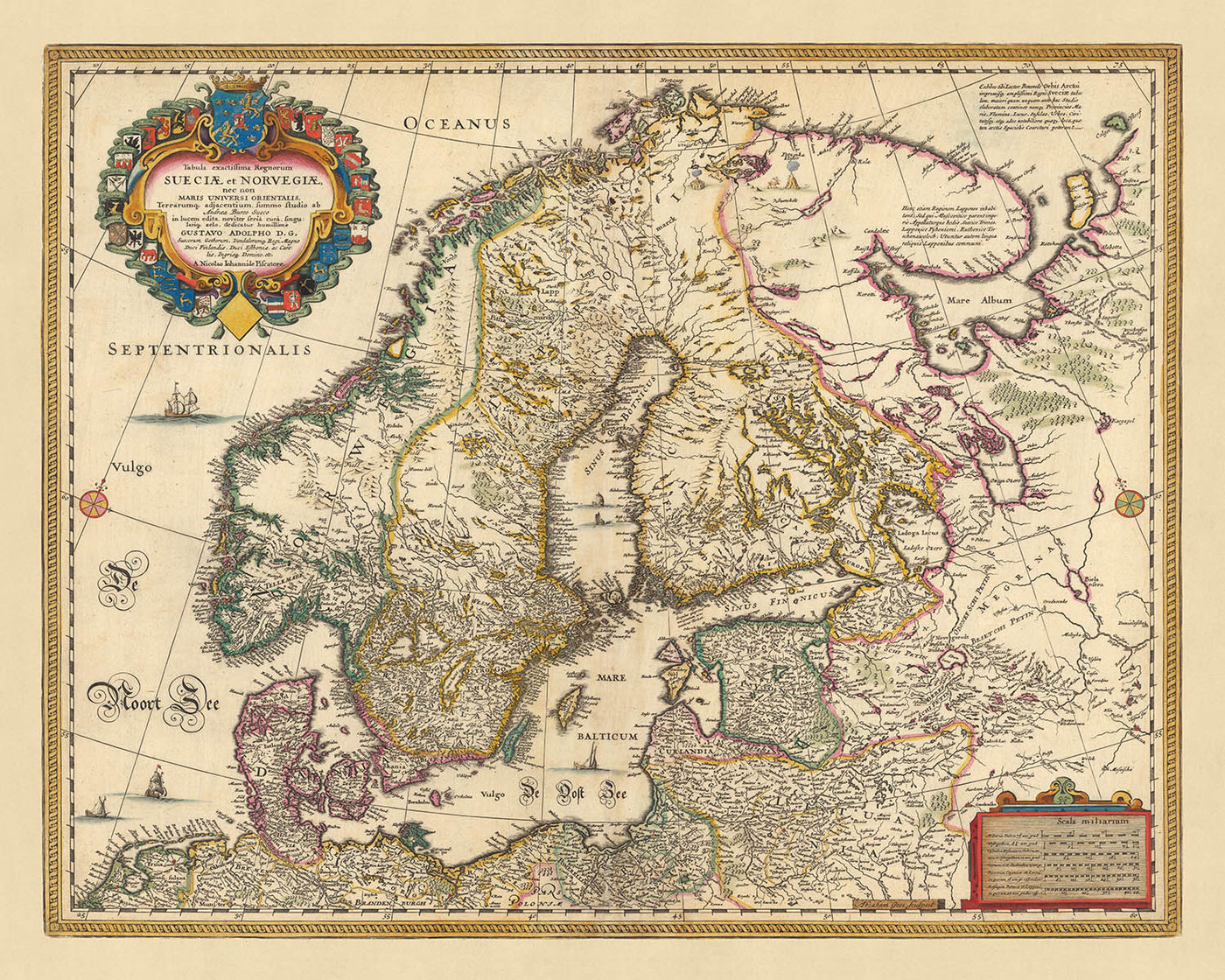 Ancienne carte de la Scandinavie et de l'Europe du Nord par Visscher, 1690 : Oslo, Stockholm, Helsinki, Riga, Copenhague