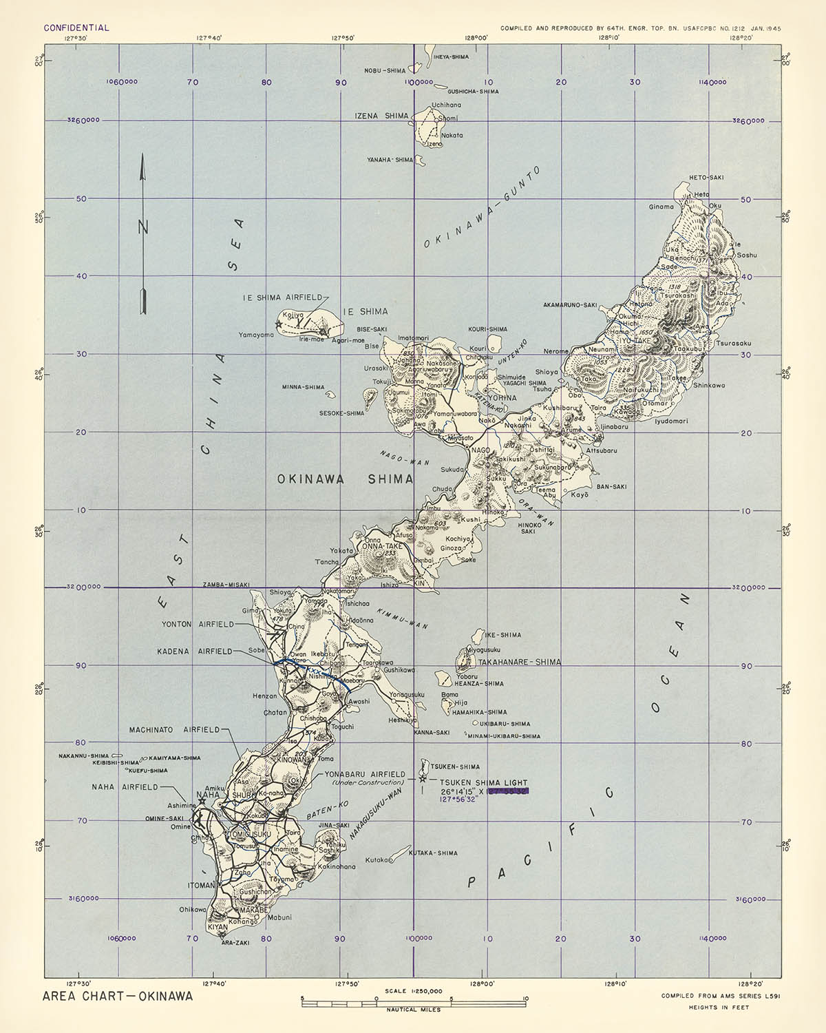 Alte Militärkarte aus dem Zweiten Weltkrieg von Okinawa, Japan: 64. Ingenieurbataillon Topographische Truppen 