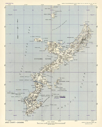 Alte Militärkarte von Okinawa vom 64. Engineer Base Topographic Battalion, 1945: Naha, Flugplatz Kadena, Ie Shima, Flugplatz Yontan, Kanna Saki