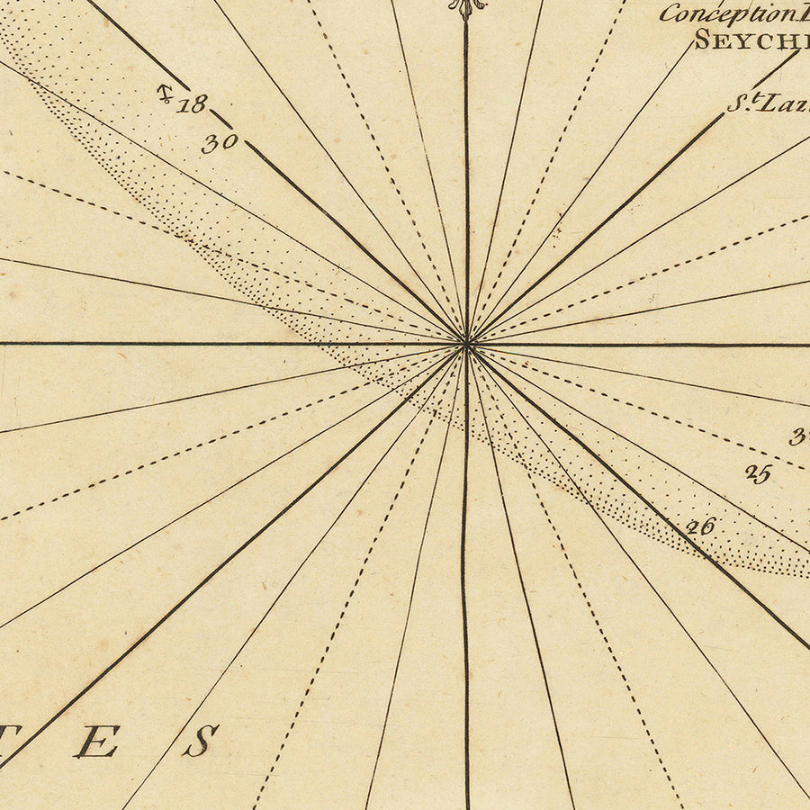 Antica mappa navale delle Seychelles di Grenier, 1776: Mahe, Amirantes, Tre Fratelli, Sette Fratelli, Banca delle Seychelles 
