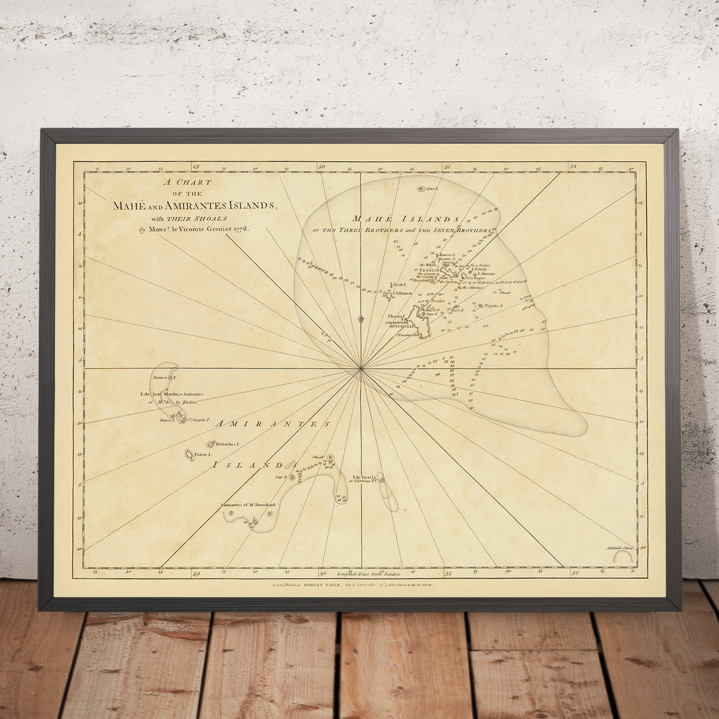 Mapa antiguo de Seychelles de Grenier, 1776: Mahe, Amirantes, Three Brothers, Seven Brothers, Seychelles Bank