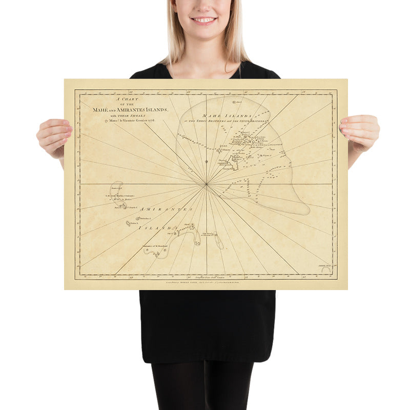 Antica mappa navale delle Seychelles di Grenier, 1776: Mahe, Amirantes, Tre Fratelli, Sette Fratelli, Banca delle Seychelles 