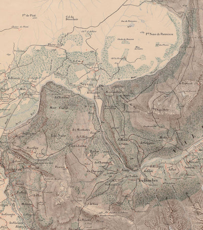 Mapa antiguo del macizo del Mont Blanc en 1865 por Jean-Joseph Mieulet - Chamonix, Entreves, Les Houches, Saint-Nicolas de Veroce, Los Alpes
