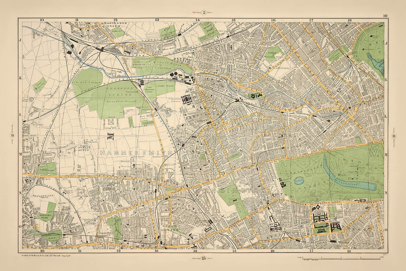 Carte ancienne de Londres, 1900 : Hyde Park, Kensington, Hammersmith, Musée d'histoire naturelle, Wormwood Scrubs