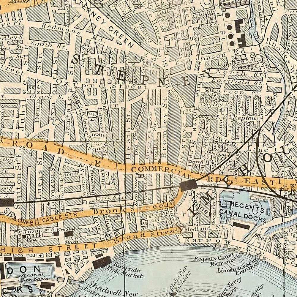 Old Map of East-Central London, 1900: Tower of London, The Thames, Isle of Dogs, London Docks, Shoreditch