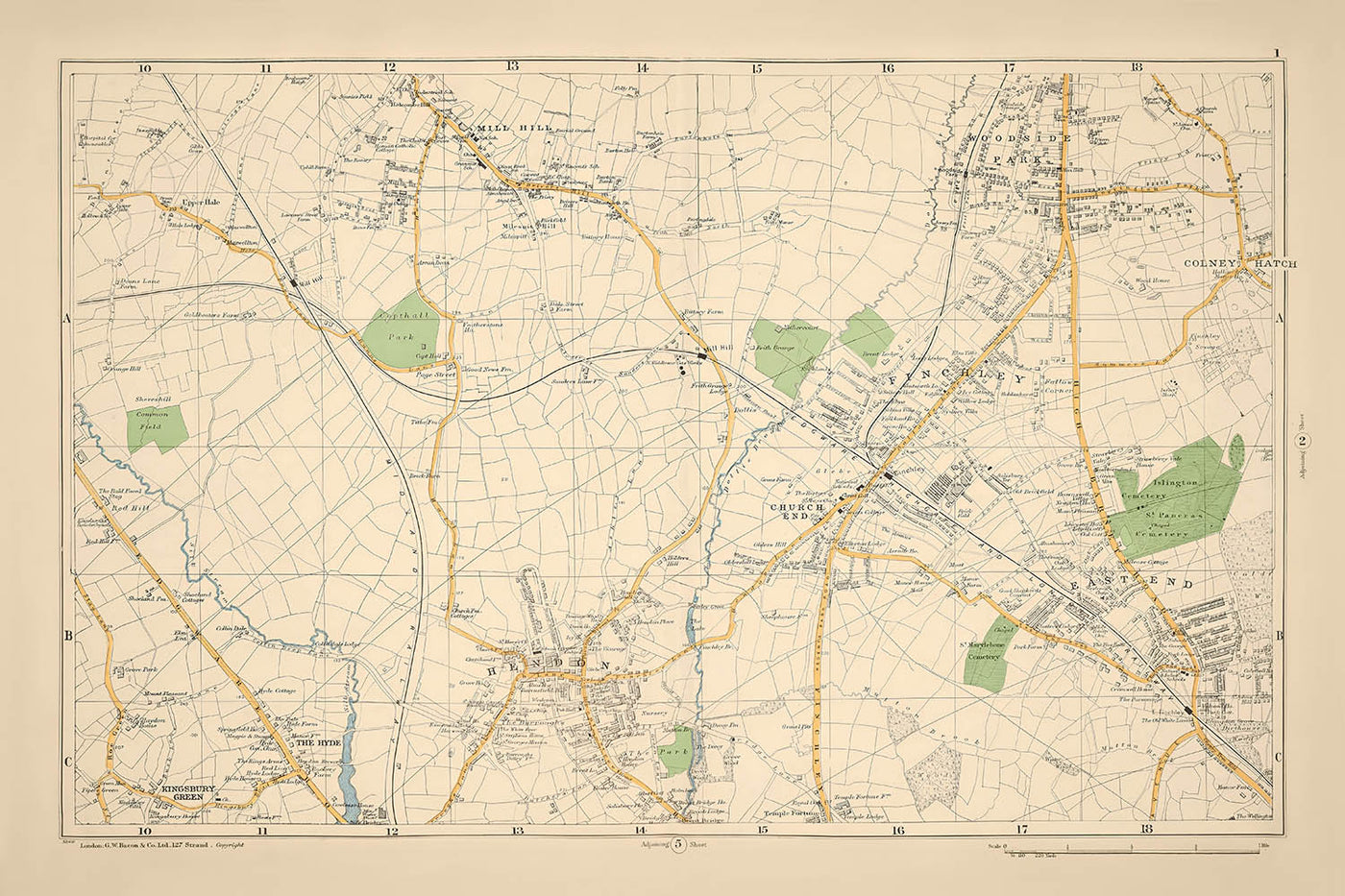 Alte Karte von London, 1900: Mill Hill, Hendon, East End, Woodside Park, Brent Reservoir