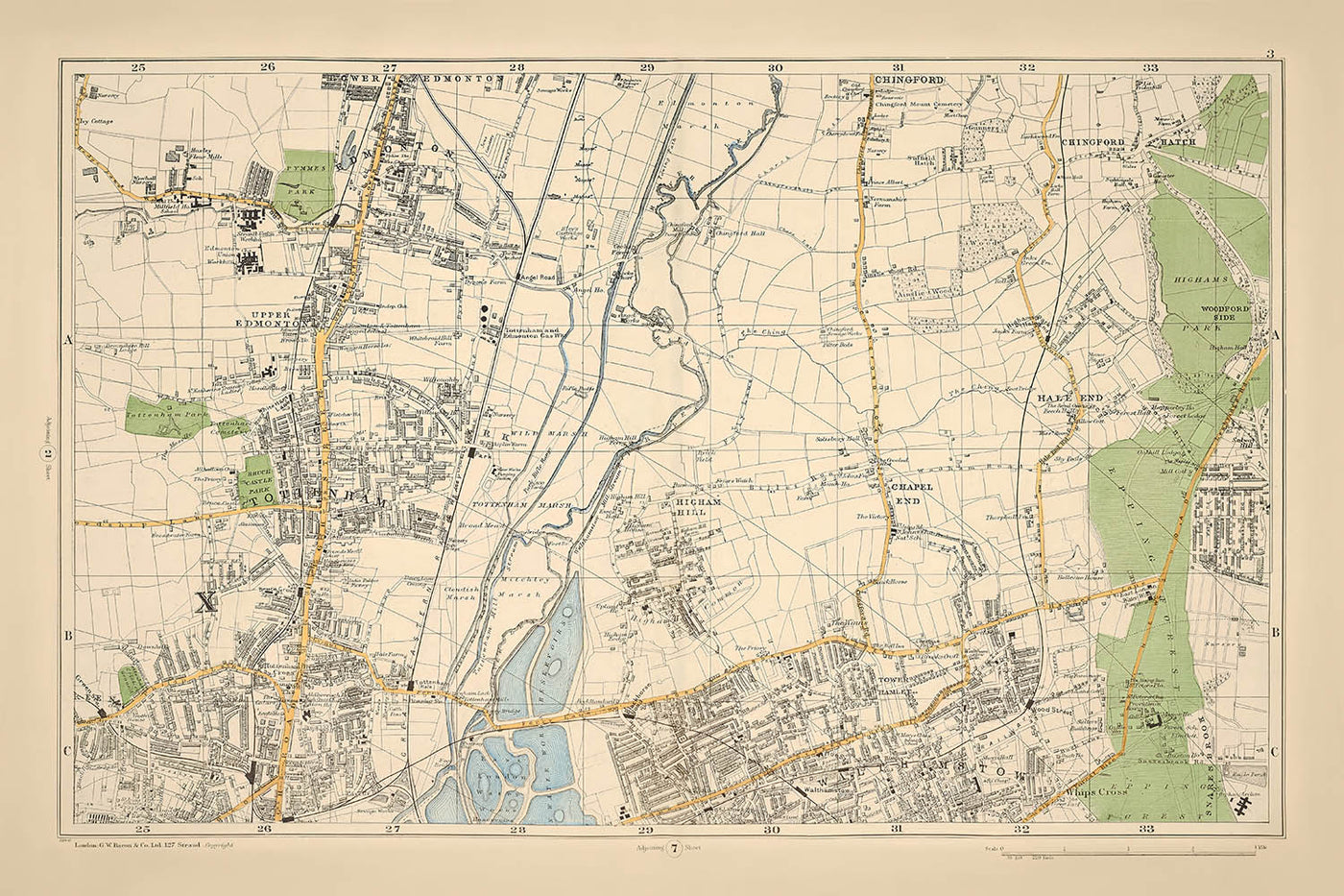 Ancienne carte de Londres, 1900 : Edmonton, Tottenham, Walthamstow, réservoirs, Woodford Park