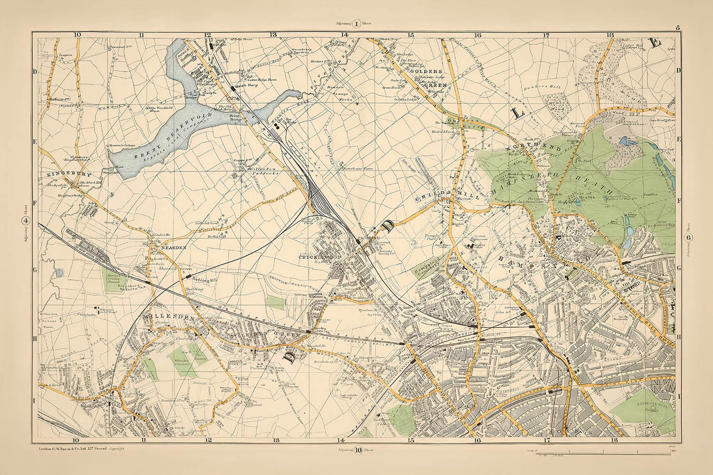 Old Map of North London, 1900: Kingsbury, Hampstead Heath, Golders Green, Brent, Belsize, Willesden