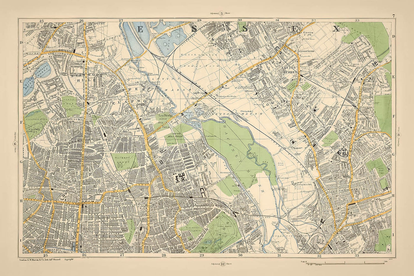 Alte Karte von London, 1900: Stamford Hill, Hackney Downs, Lea Bridge, Stratford, London Fields