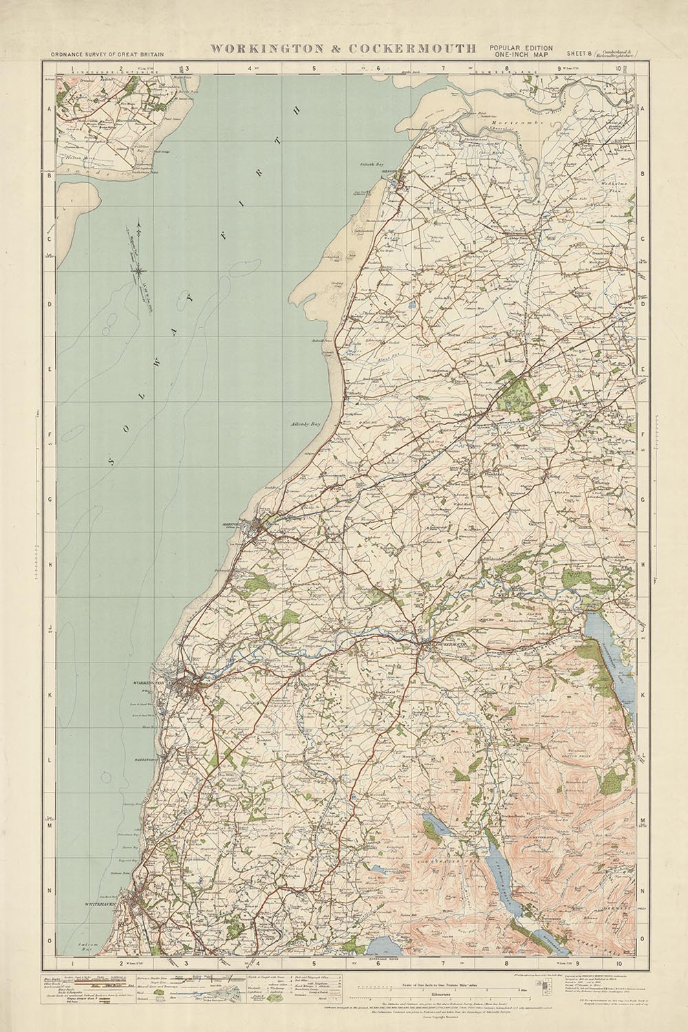 Alte Ordnance Survey Karte, Blatt 8 - Workington & Cockermouth, 1925: Dearham, Maryport, Whitehaven, Brayton Hall, Eaglesfield