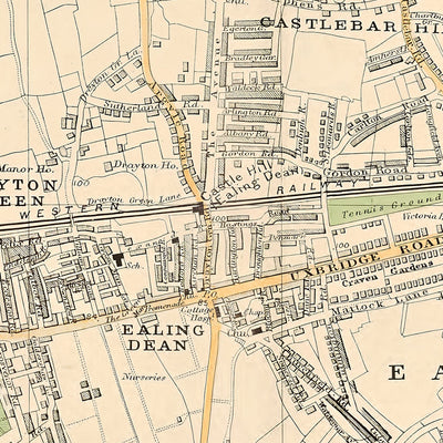 Mapa antiguo de Londres, 1900: Hanwell, Ealing, Acton, Osterley Park, Gunnersbury Park