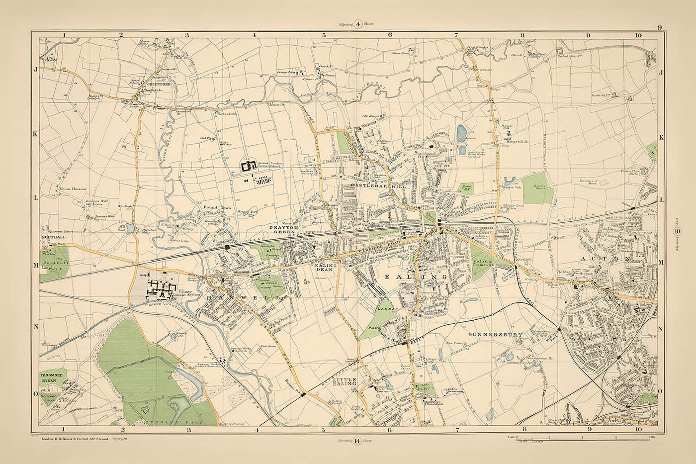 Mapa antiguo de Londres, 1900: Hanwell, Ealing, Acton, Osterley Park, Gunnersbury Park