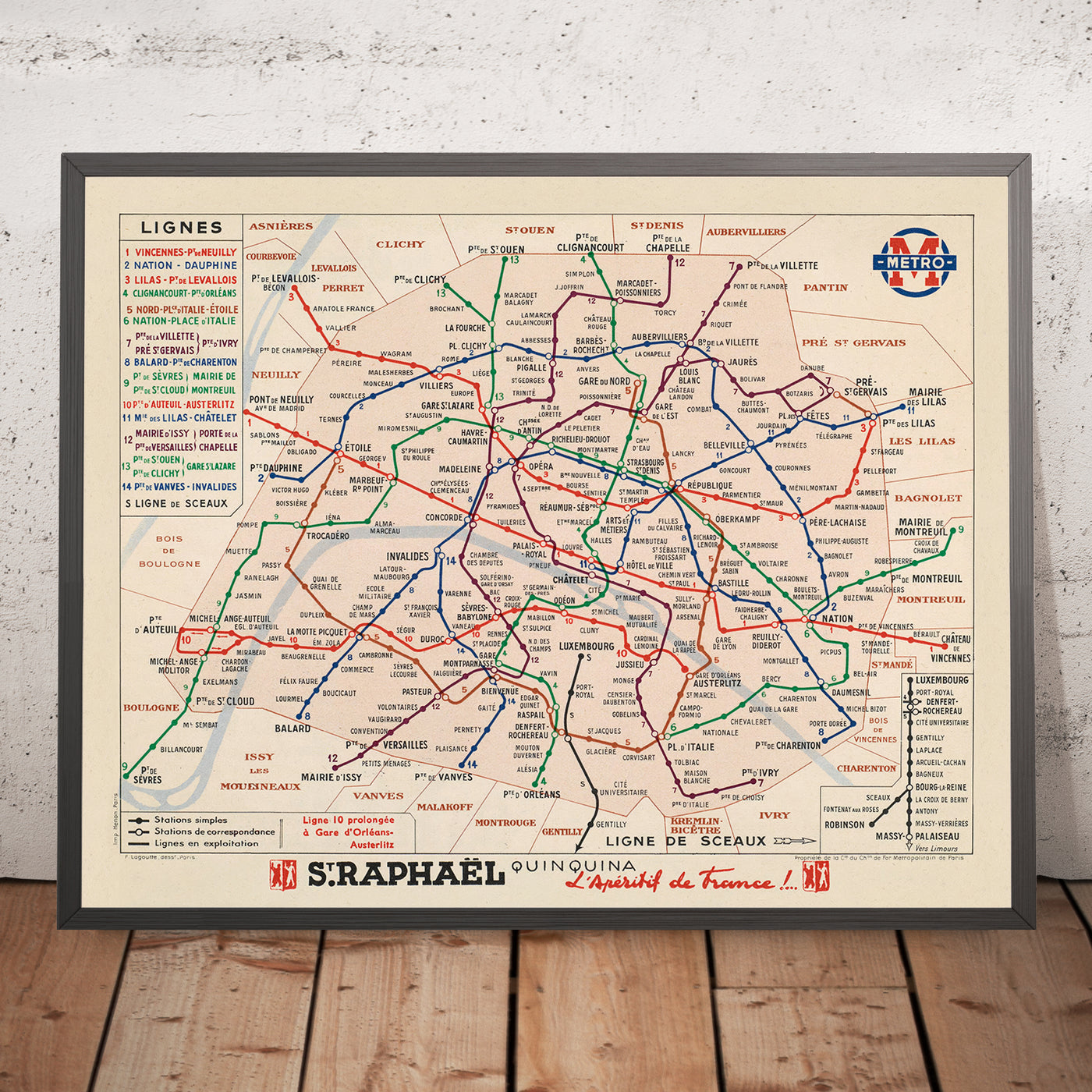 Old Simple Map of the Paris Metro, 1939: 14 Lines