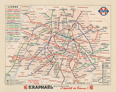 Old Simple Map of the Paris Metro, 1939: 14 Lines