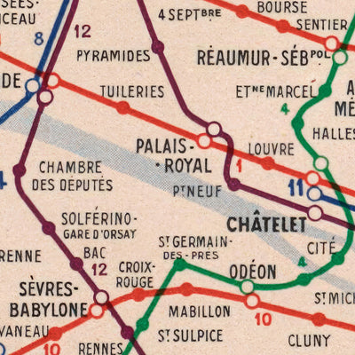 Old Simple Map of the Paris Metro, 1939: 14 Lines