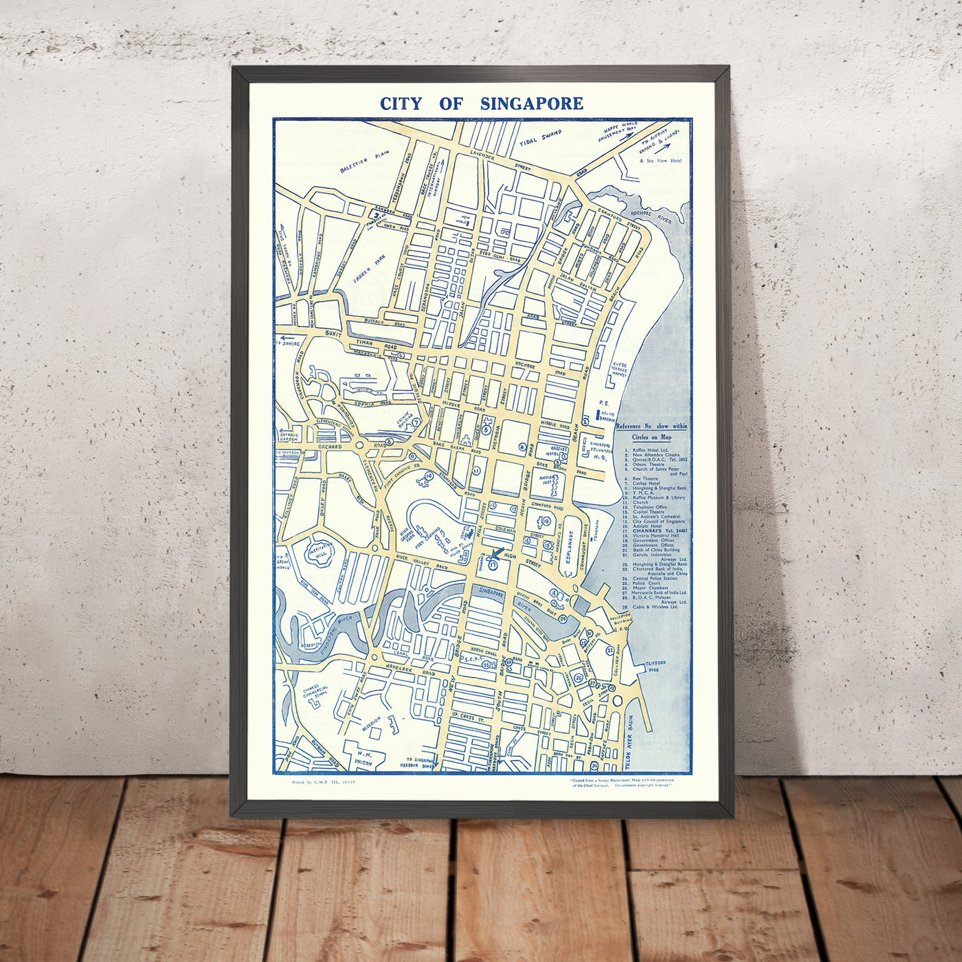 Ancienne carte de la ville de Singapour, 1950 : centre-ville, quartier du patrimoine malais de Kampong Glam, Cross Street, Lavender Street, parc d'attractions Happy World