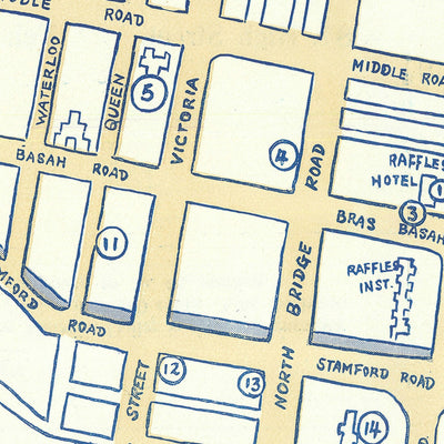 Mapa antiguo de la ciudad de Singapur, 1950: Downtown Core, Kampong Glam Malay Heritage District, Cross Street, Lavender Street, Happy World Amusement Park