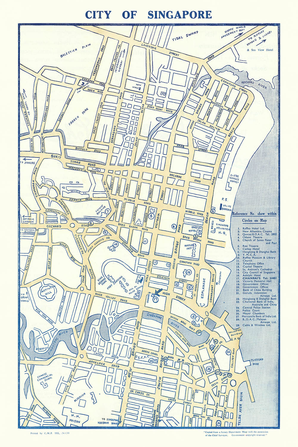 Ancienne carte de la ville de Singapour, 1950 : centre-ville, quartier du patrimoine malais de Kampong Glam, Cross Street, Lavender Street, parc d'attractions Happy World