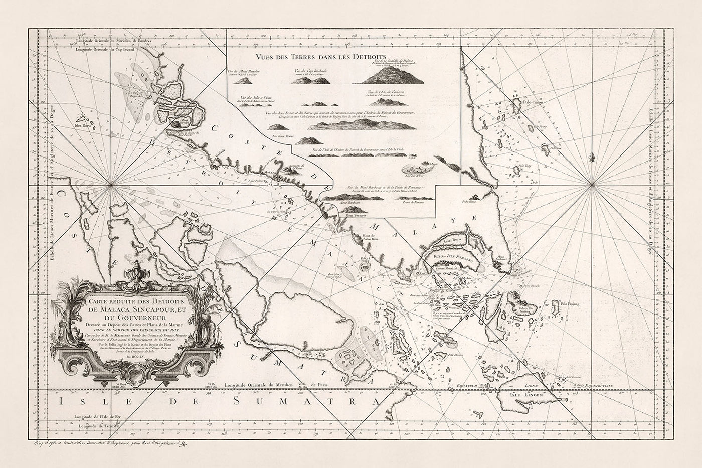 Mapa antiguo de Singapur y el estrecho de Malaca por Bellin, 1755: Isla de Singapur, Estrecho de Malaca, Islas de Indonesia, Malasia continental, Isla Lingga