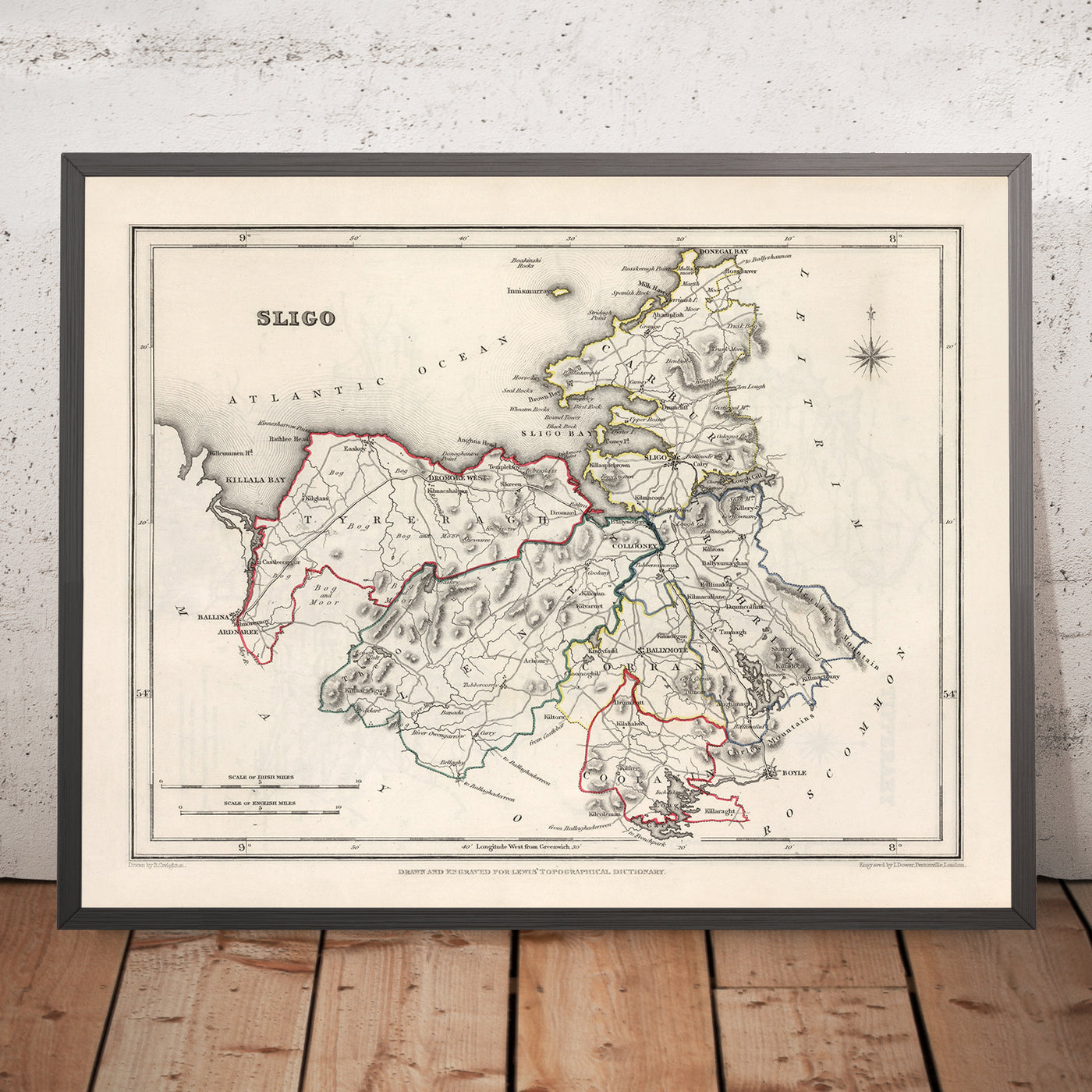 Ancienne carte du comté de Sligo par Samuel Lewis, 1844 : Ballymote, Tubbercurry, Enniscrone, Rosses Point, Lough Gill