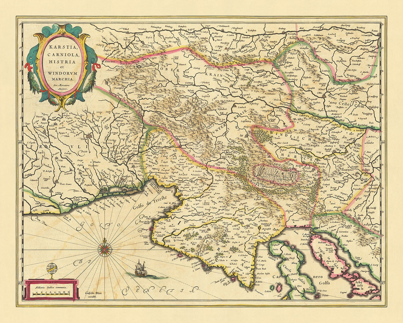 Ancienne carte détaillée de la Slovénie, de la Croatie et de l'Italie par Blaeu, 1640 : mer Adriatique, golfe de Venise, Ljubljana, Trieste, plateau karstique