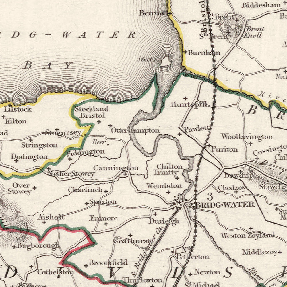Antigua mapa de Somerset, Inglaterra por Samuel Lewis, 1844: Bristol, Bath, Weston-super-Mare, Taunton y Yeovil 