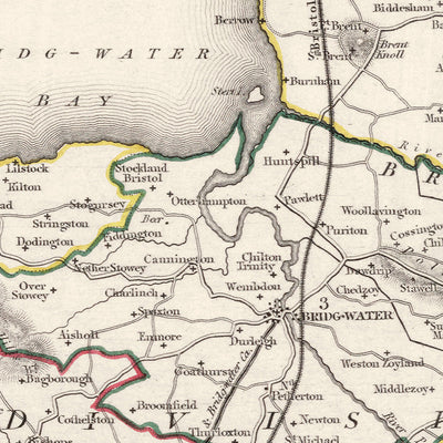 Antigua mapa de Somerset, Inglaterra por Samuel Lewis, 1844: Bristol, Bath, Weston-super-Mare, Taunton y Yeovil 