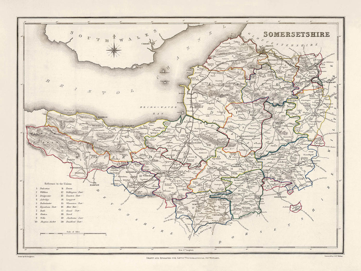 Antigua mapa de Somerset, Inglaterra por Samuel Lewis, 1844: Bristol, Bath, Weston-super-Mare, Taunton y Yeovil 