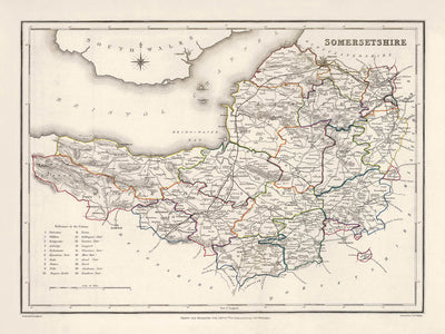 Antigua mapa de Somerset, Inglaterra por Samuel Lewis, 1844: Bristol, Bath, Weston-super-Mare, Taunton y Yeovil 