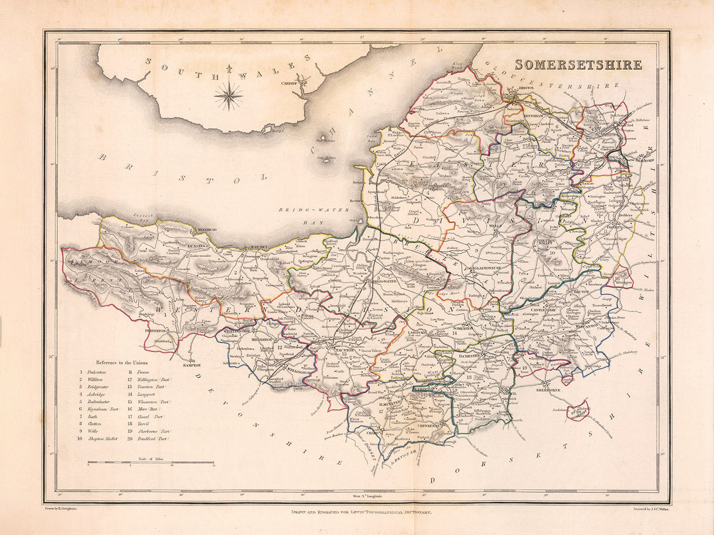 Old Map of Somerset, England by Samuel Lewis, 1844: Bristol, Bath, Weston-super-Mare, Taunton, and Yeovil