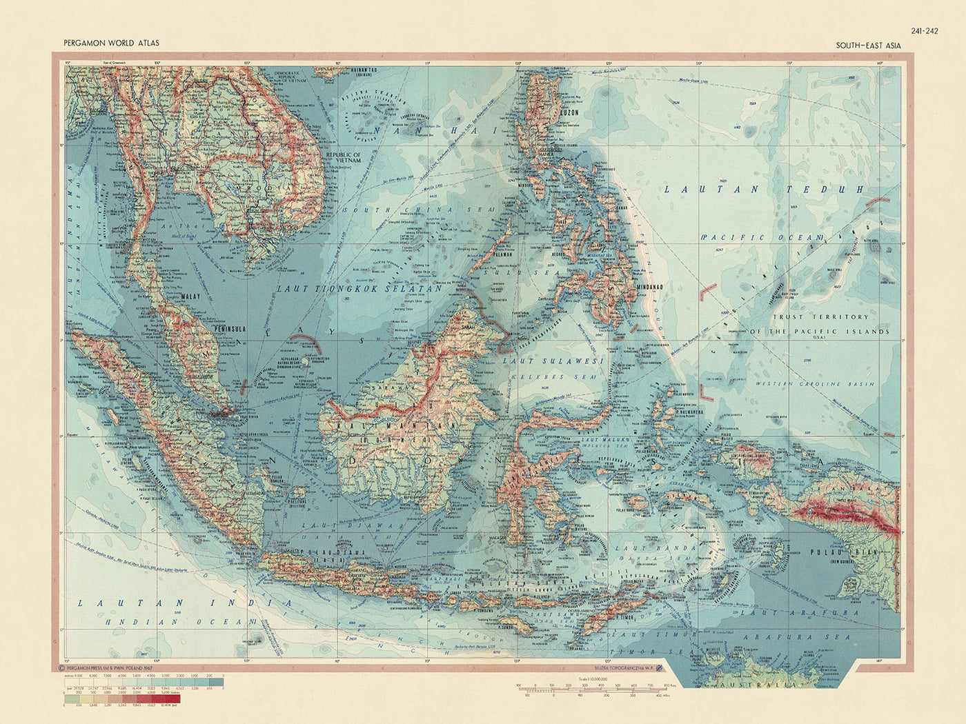 Old Map of Southeast Asia, 1967: Asiatic or Malay Archipelago - Indonesia, Malaysia, Philippines, Brunei