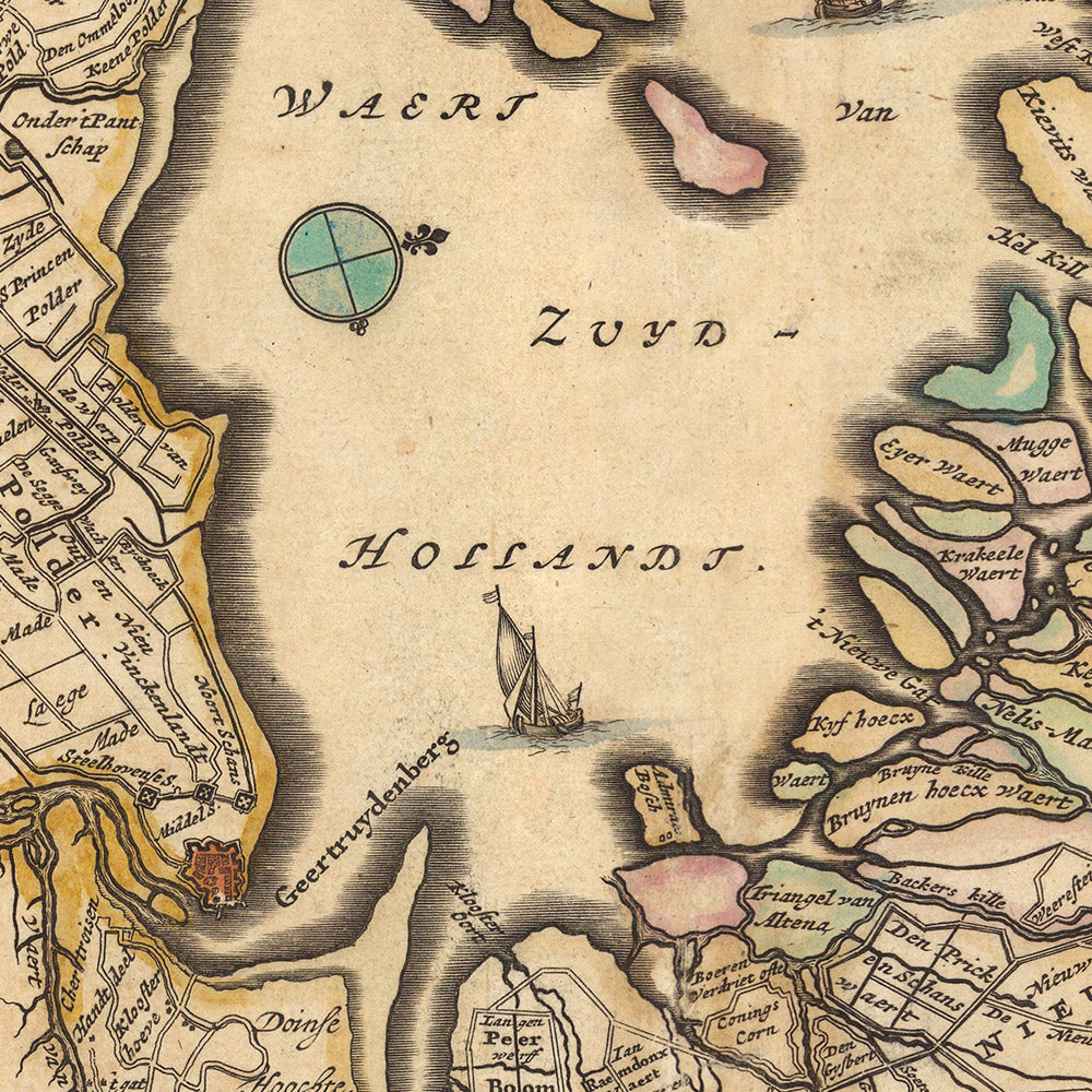 Alte Karte von Südholland von Visscher, 1690: Dordrecht, Breda, Roosendaal, Gouda, Nationalpark De Biesbosch