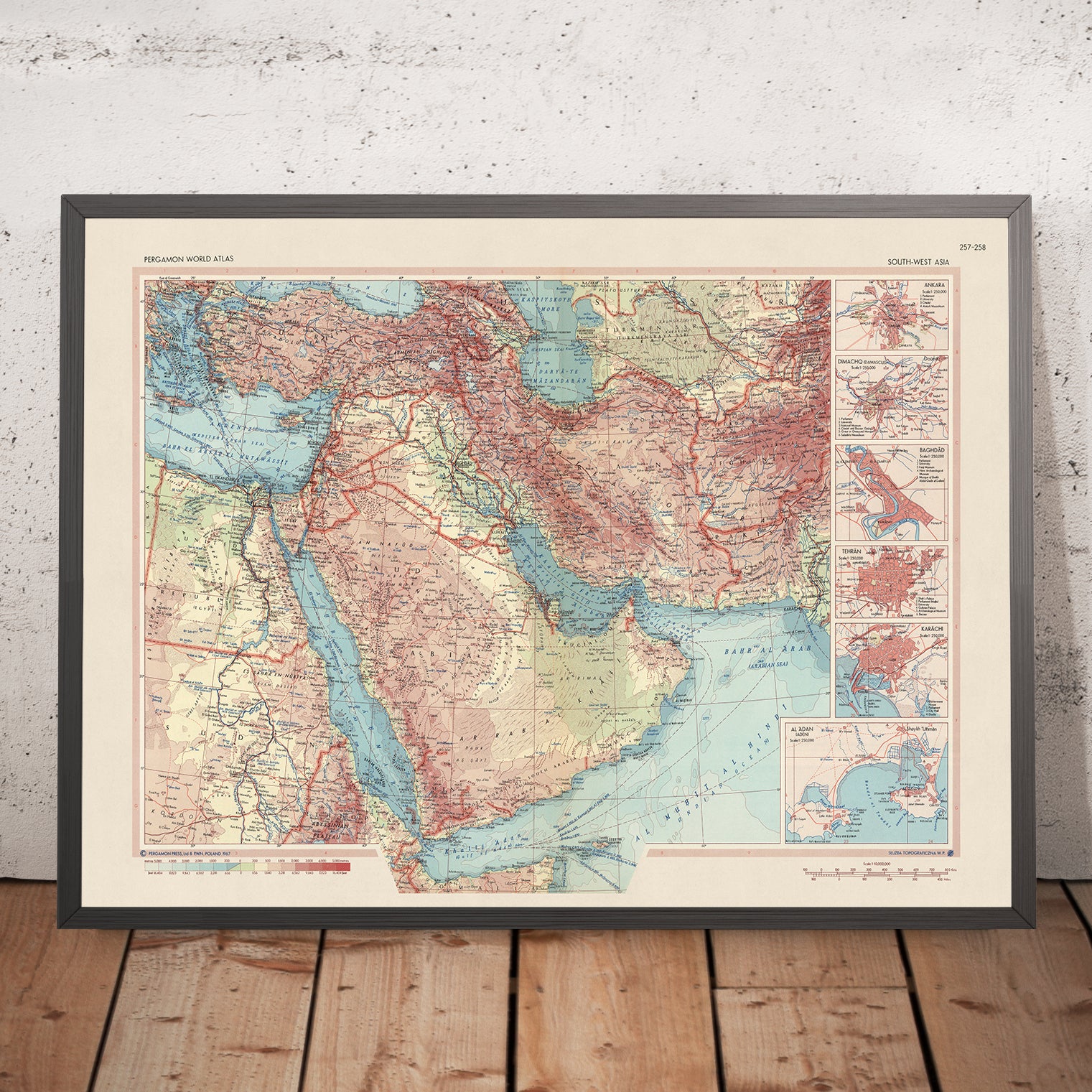 Asia Rustic Map Old Map of West Asia & Middle East, 1967: Detailed Political and Physi ...