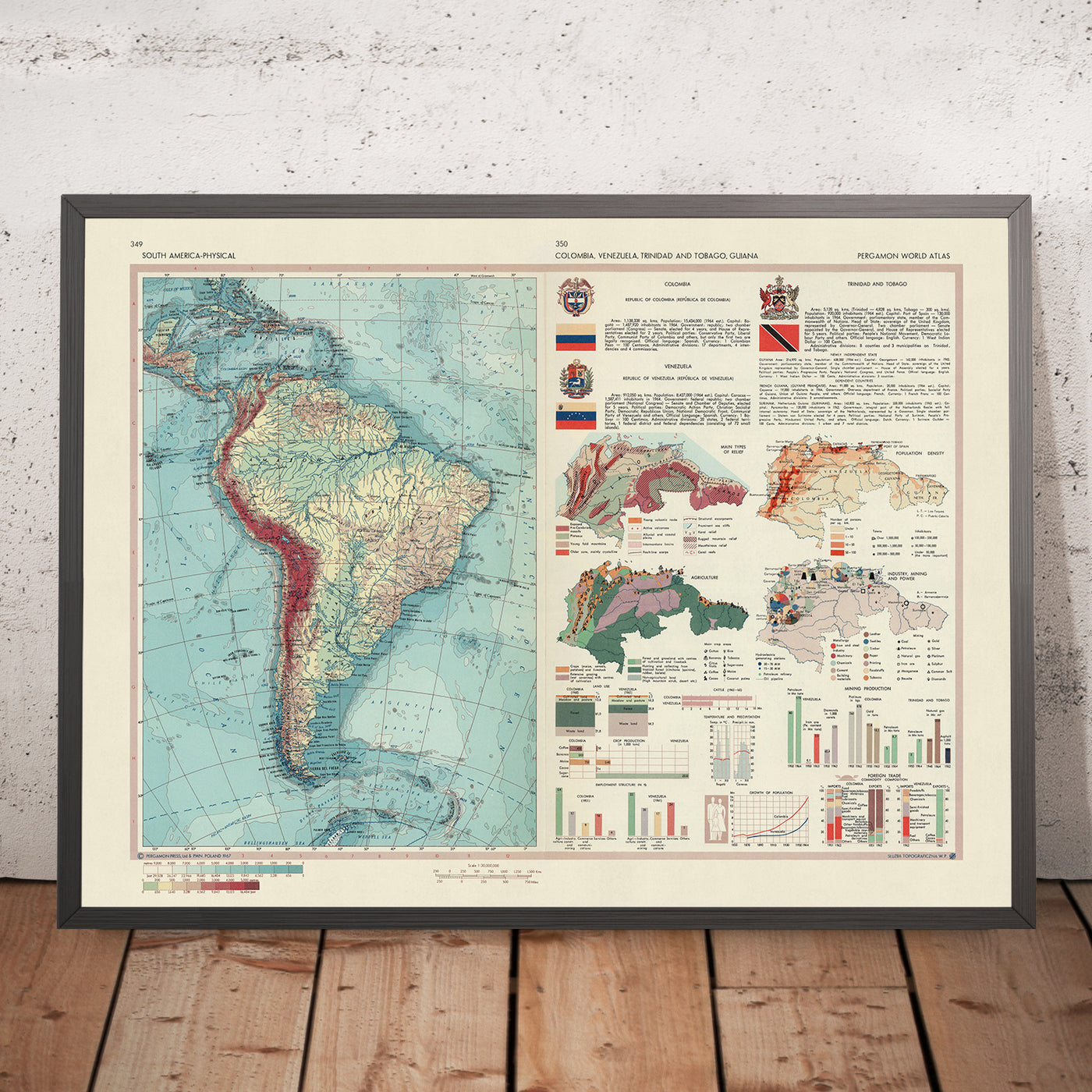 Carte du vieux monde de l'Amérique du Sud par le Service topographique de l'armée polonaise, 1967 : carte physique et politique détaillée avec éléments thématiques