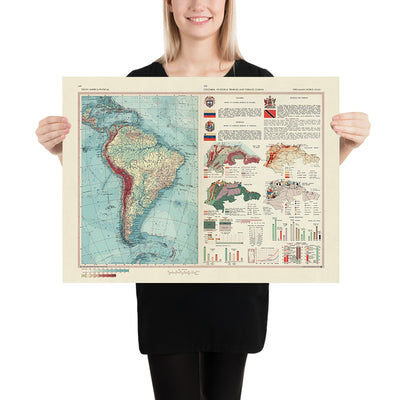 Alte Weltkarte von Südamerika vom polnischen Topographiedienst der Armee, 1967: Detaillierte physische und politische Karte mit thematischen Elementen