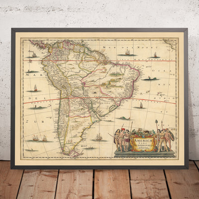 Ancienne carte de l'Amérique du Sud par Visscher, 1690 : Brasilia, Buenos Aires, îles Falkland, îles Galapagos, forêt amazonienne