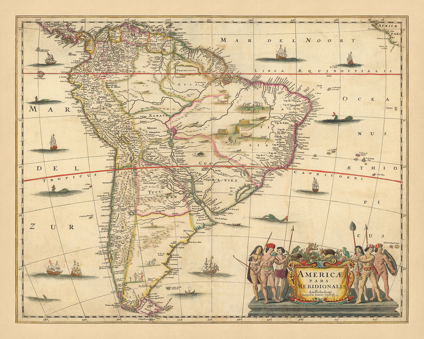 Antiguo mapa de América del Sur por Visscher, 1690: Brasilia, Buenos Aires, Islas Malvinas, Islas Galápagos, Selva Amazónica