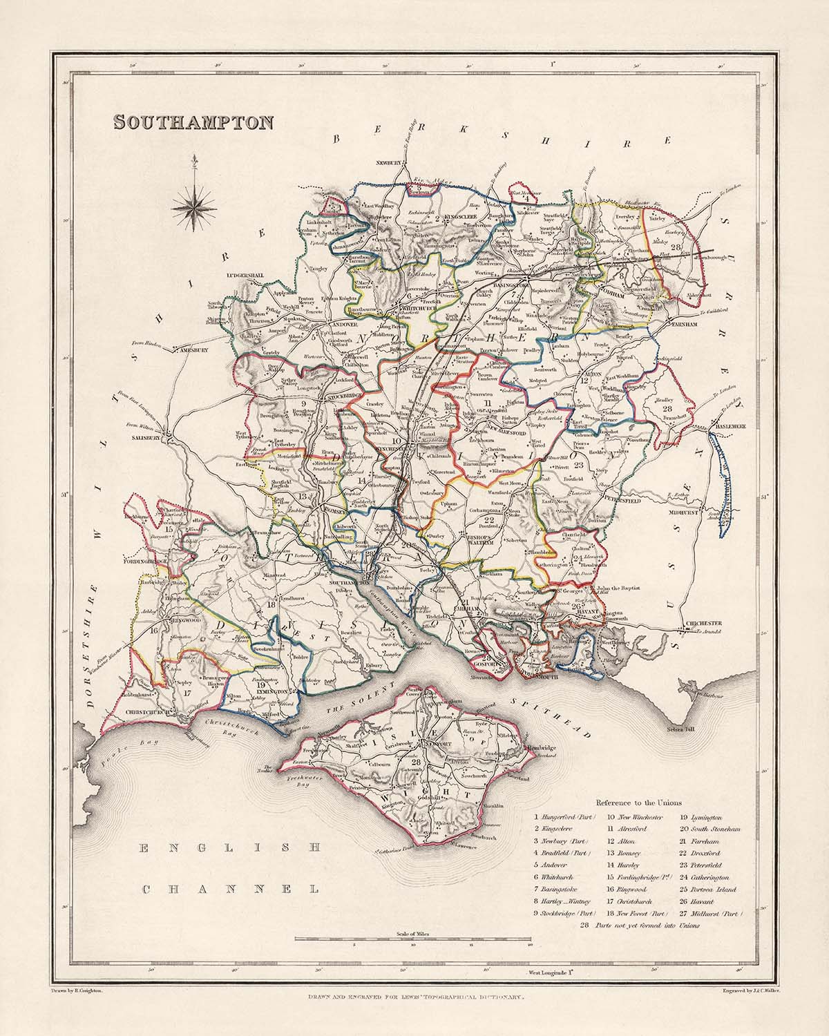 Alte Karte des Landkreises Southampton (Hampshire) von Samuel Lewis, 1844: Winchester, Portsmouth, Basingstoke 