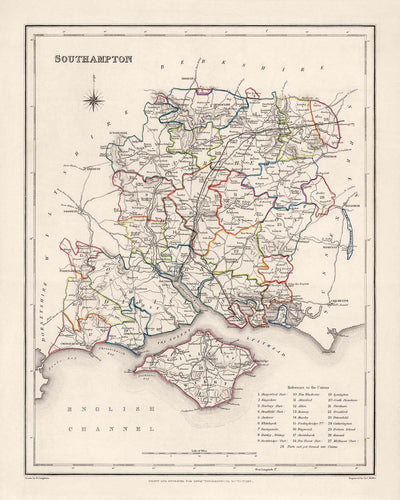 Alte Karte des Landkreises Southampton (Hampshire) von Samuel Lewis, 1844: Winchester, Portsmouth, Basingstoke 