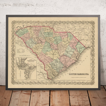 Mappa antica della Carolina del Sud di Colton, 1859: Charleston, Columbia, Greenville, Spartanburg, Sumter 