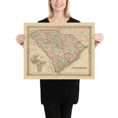 Ancienne carte de la Caroline du Sud par Colton, 1859 : Charleston, Columbia, Greenville, Spartanburg, Sumter