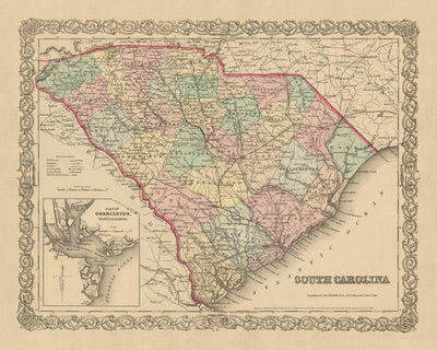 Mapa antiguo de Carolina del Sur por Colton, 1859: Charleston, Columbia, Greenville, Spartanburg, Sumter