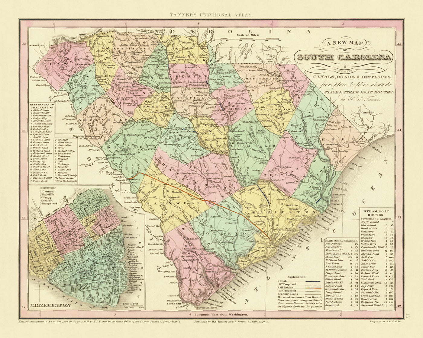 Mapa antiguo de Carolina del Sur por Tanner, 1836: Charleston, Columbia, Camden, Georgetown y Beaufort